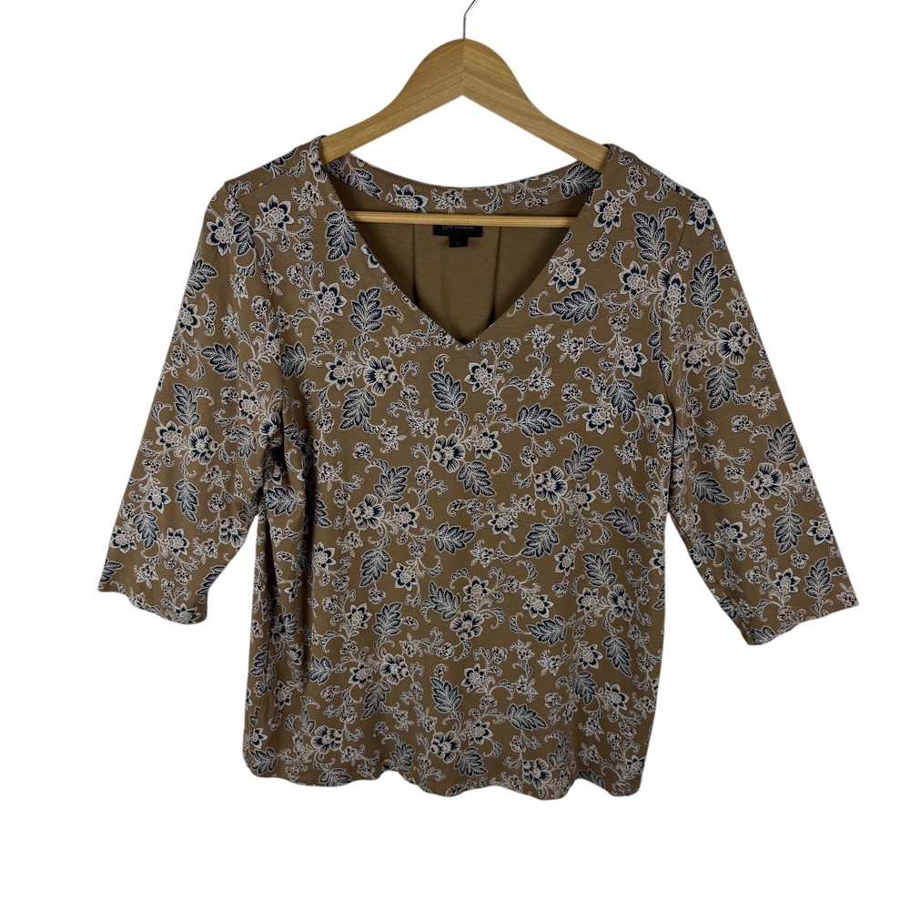 J Jill Wearever Collection Floral Paisley Knit Top Medium Brown Stretch Comfy